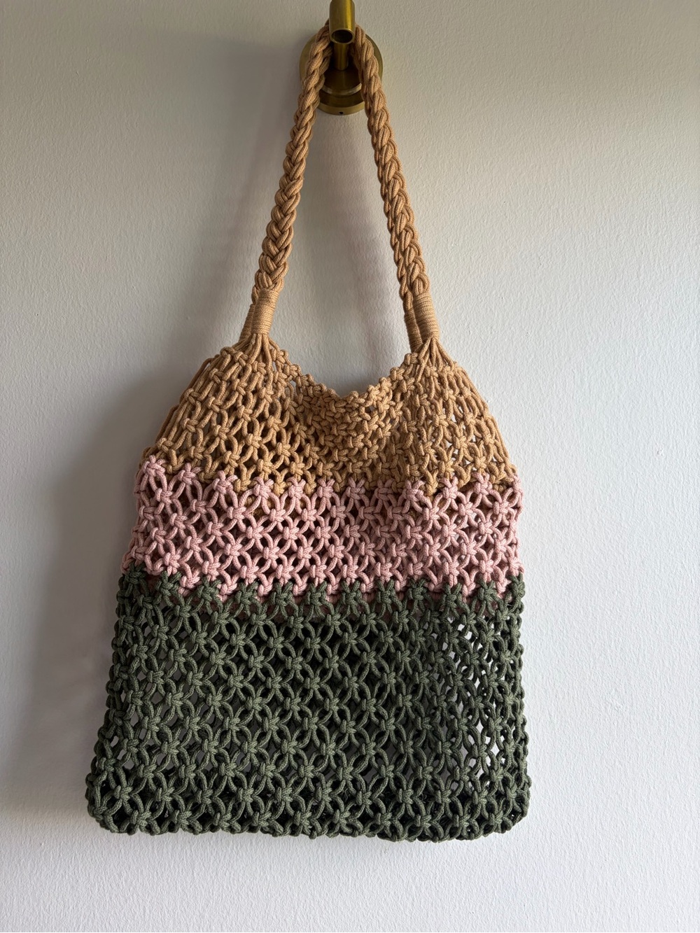 aerie Handwoven Macramé Tote in Tan, Pink & Olive